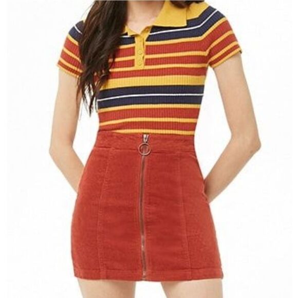 CORDUROY skirt retro orange‎ zip up 70s style mini 31 - Picture 1 of 6